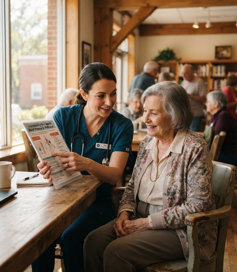 An authentic environmental portrait of a friendly female nurse in teal scrubs explaining a health chart to an elderly patient in a sunlit Ohio community center, warm ambient lighting.