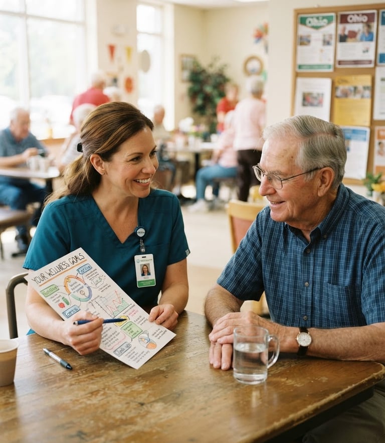 A medium environmental portrait of a friendly female nurse in teal scrubs explaining a wellness chart to an elderly senior man in a bright Ohio community center, warm natural daylight, soft focus background.