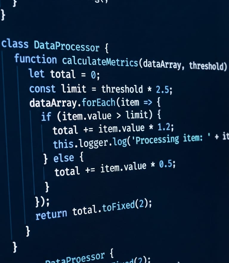 Macro shot of clean, structured code on a high-contrast monitor, cool blue and sharp white tones, architectural precision