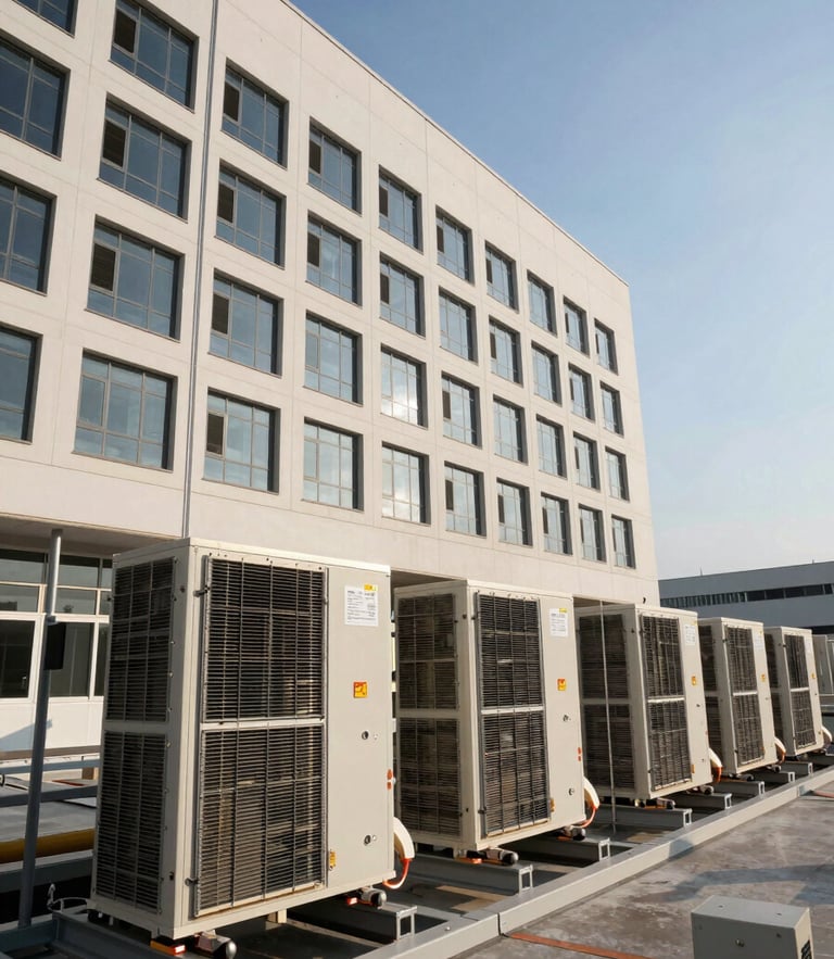 Fachada de edifício corporativo moderno com unidades condensadoras VRF alinhadas milimetricamente na cobertura, sob luz natural clara, destacando a precisão da instalação.