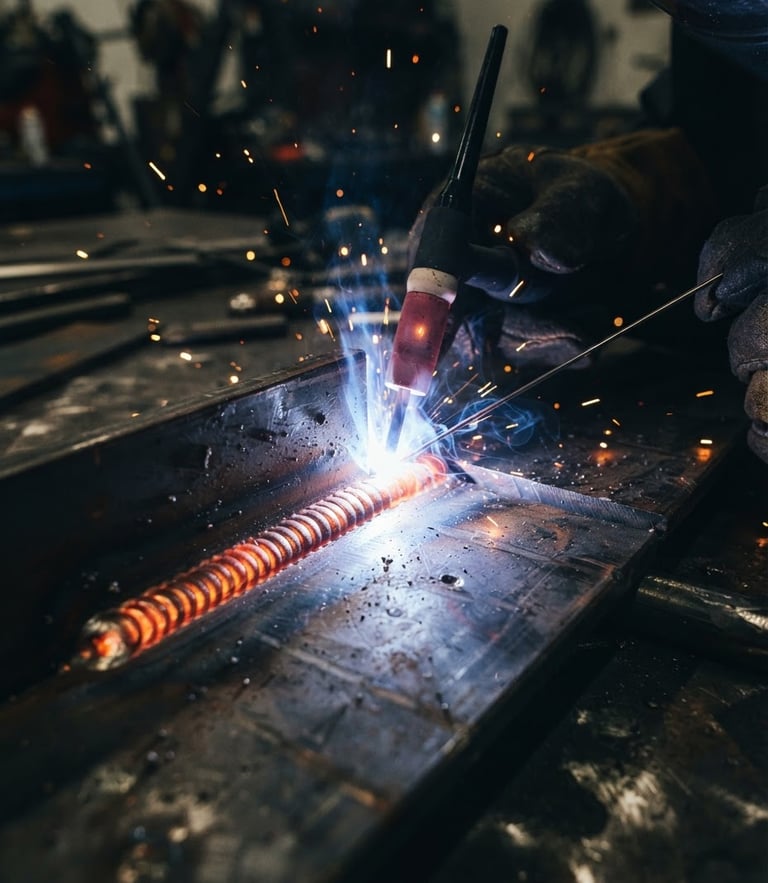 Tight macro shot of a clean, uniform TIG weld bead on raw dark steel, bright blue-white welding arc reflecting off the metal surface, sharp focus, 35mm