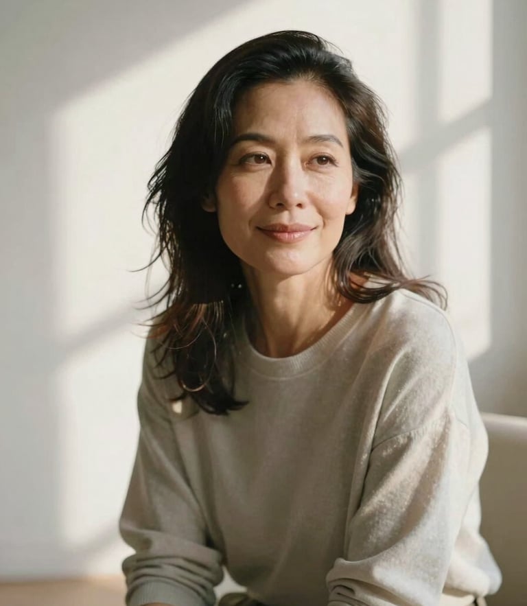 A medium close-up of Gaby Mol, a mature woman with a warm, serene expression, sitting in a sunlit studio with soft morning window shadows, earthy sage and cream tones, shallow depth of field, 35mm film texture.