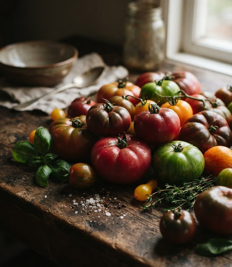 Soft Scandinavian daylight illuminating a rustic wooden table with fresh heirloom tomatoes, moody shadows