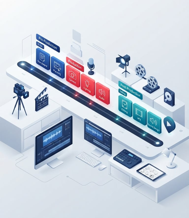 Minimalist vector illustration of a structured video production timeline, crisp isometric perspective, soft studio lighting, clean light blue and red accents, modern tech aesthetic.
