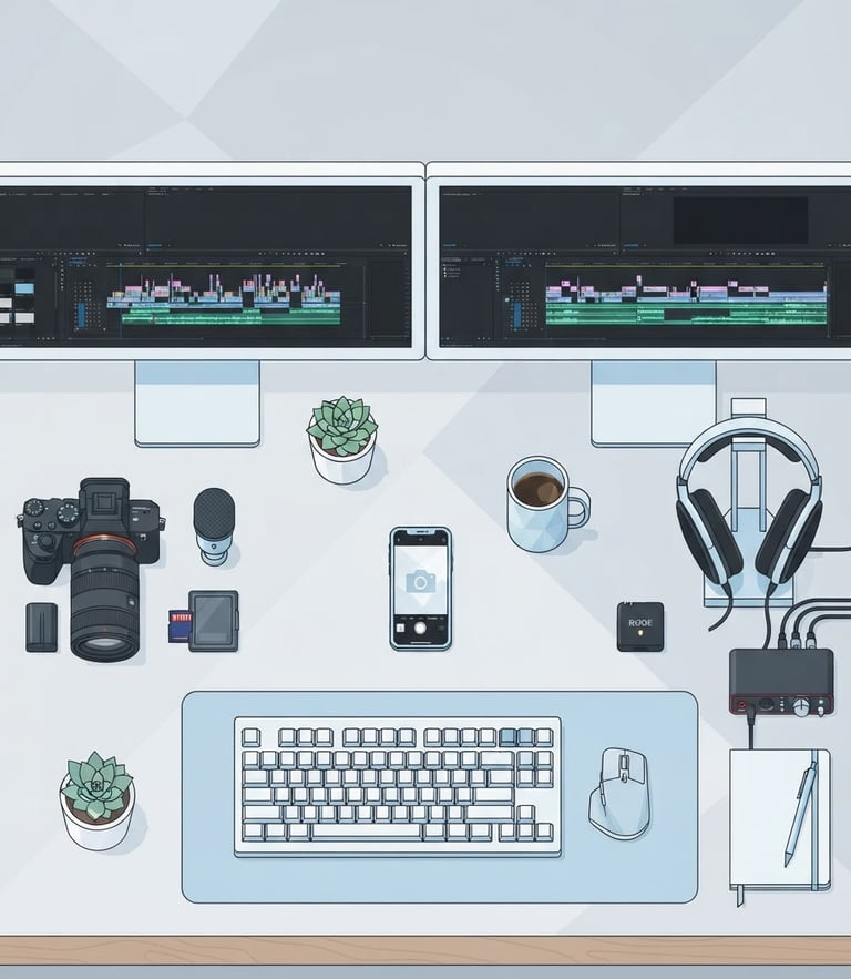 Overhead flat-lay of a modern creator workspace with high-end camera gear, dual-monitor setup showing editing timelines, light blue undertones, clean geometric layout