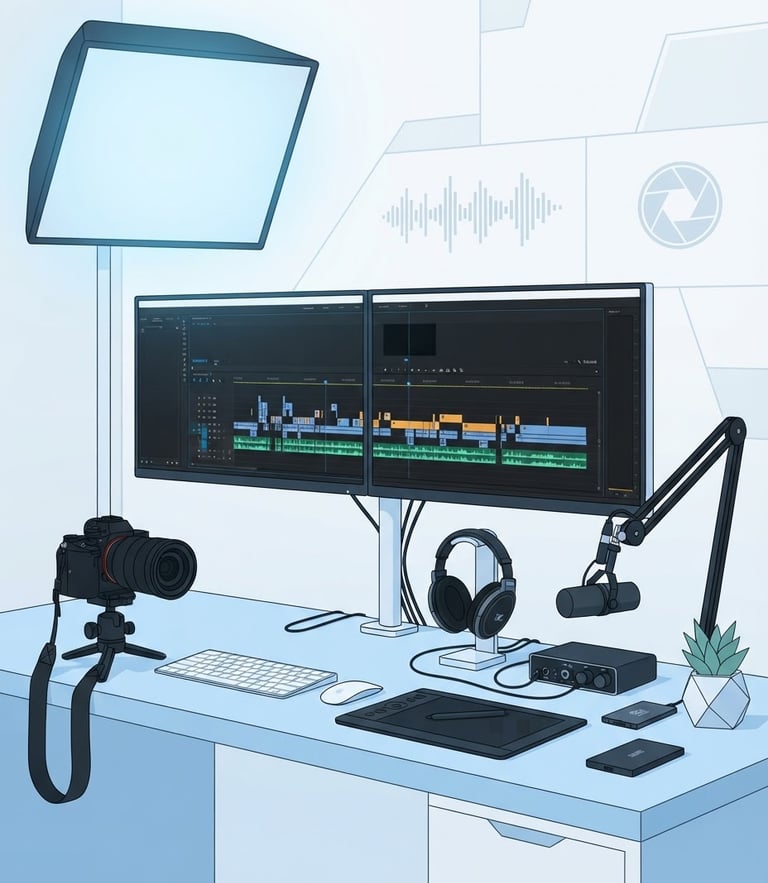 Clean, modern physical workspace with high-end camera gear, a dual-monitor setup showing a video editing timeline, bright soft studio light with cool blue undertones, flat vector illustration style, clean geometric shapes.