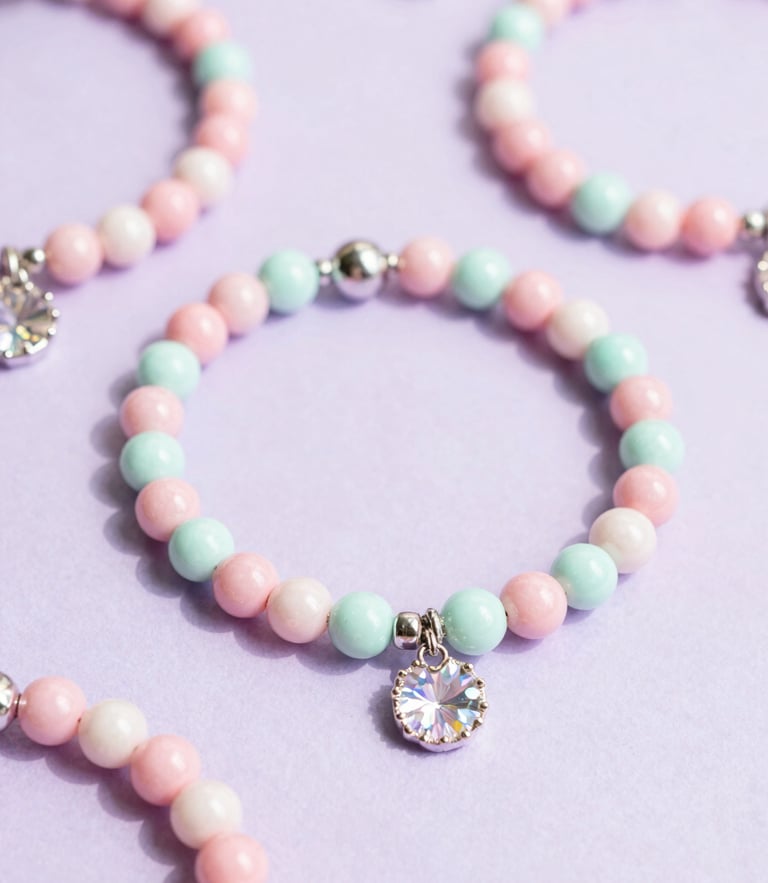 Bright pastel flatlay of iridescent pink and mint beaded bracelets on a soft lilac background, natural morning daylight, sparkling charms.