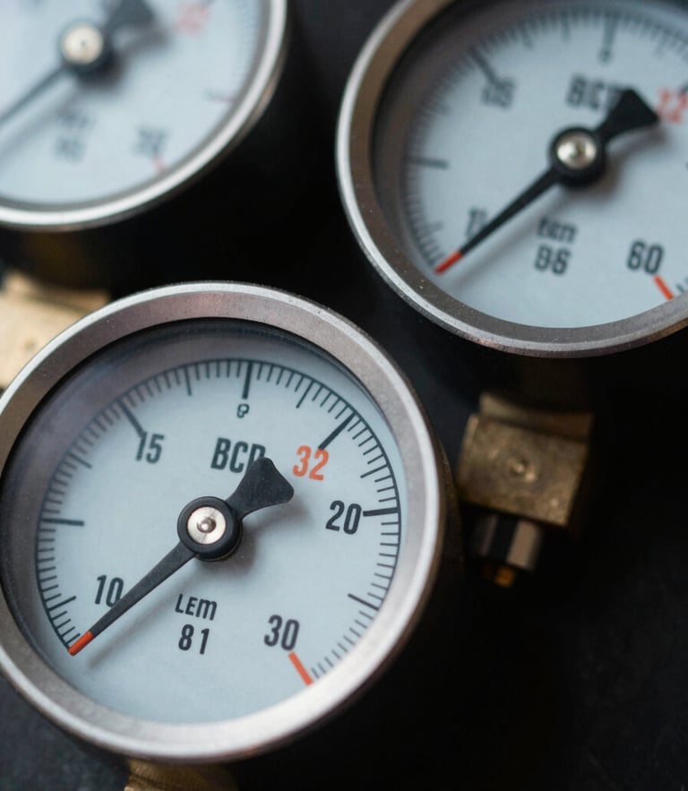 Macro close-up of digital manifold gauges showing precise pressure readings, sharp natural work-light, high-contrast cool tones with safety-orange accents, 35mm.