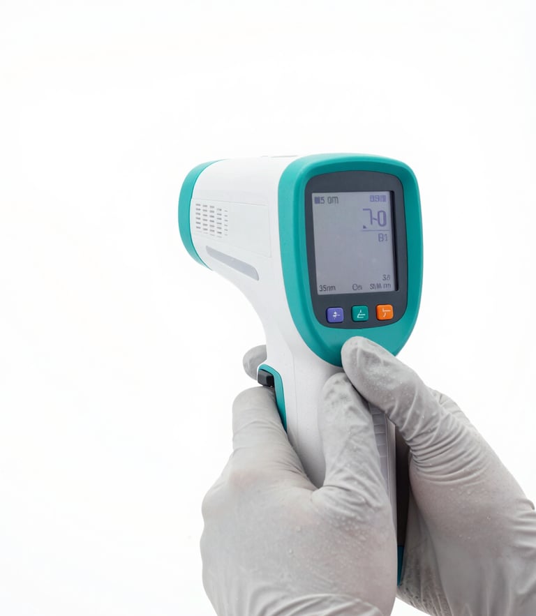 Macro shot of hands in sterile gray gloves calibrating a digital thermal imaging camera, bright white background, crisp safety-teal accents, 35mm