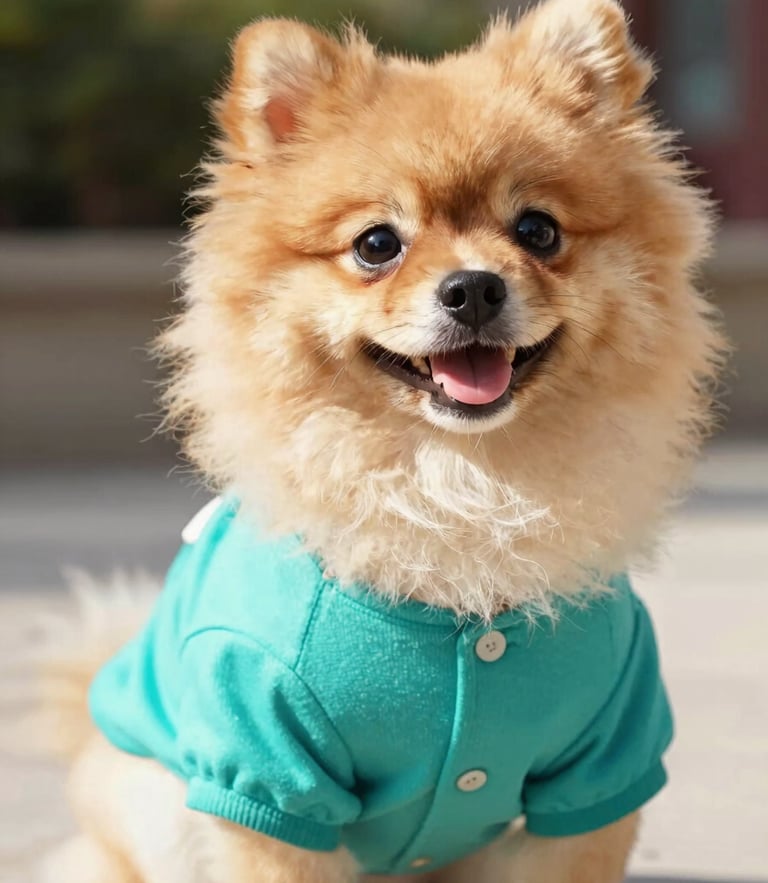 A happy fluffy Pomeranian wearing a vibrant teal shirt, sitting outdoors in bright natural daylight, eye-level shot, warm tones