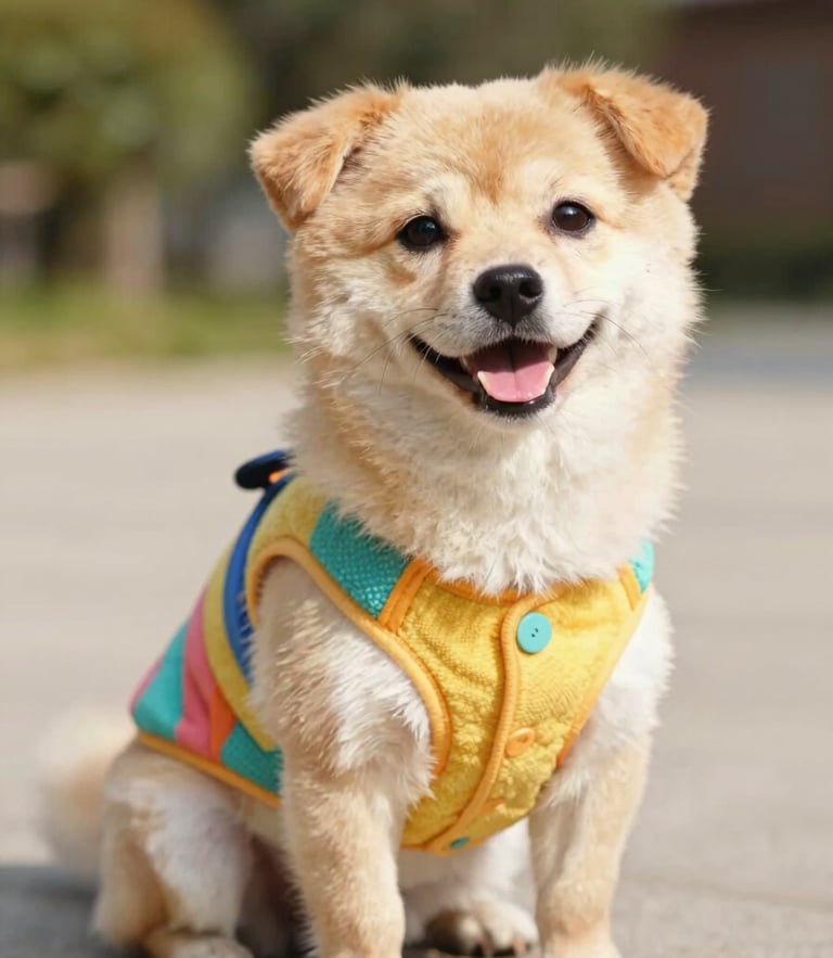 A happy small dog wearing a colorful handcrafted vest, sitting outdoors in bright natural daylight, eye-level cinematic shot