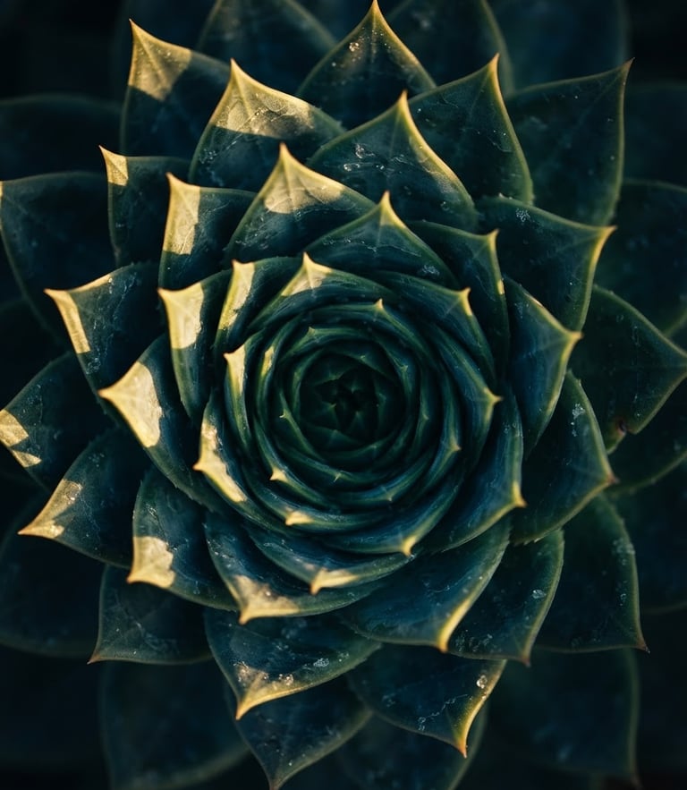 Extreme macro photography of botanical Fibonacci spiral, dramatic golden light, deep shadows, 35mm