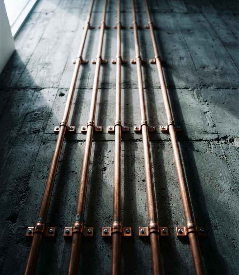 Crisp architectural detail of perfectly aligned copper conduits running vertically down a raw dark concrete wall, sharp shadows, cool daylight, high-contrast technical precision, 35mm