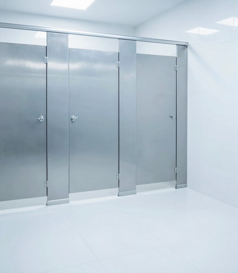 Bright commercial restroom with gleaming stainless steel fixtures and spotless white tile, crisp high-exposure lighting, sterile blue tones