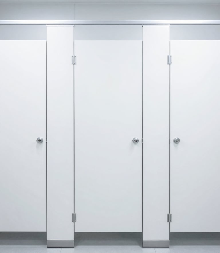 Straight-on architectural shot of a gleaming commercial restroom, sterile white and blue tones, bright high-key commercial lighting, sharp focus, 35mm