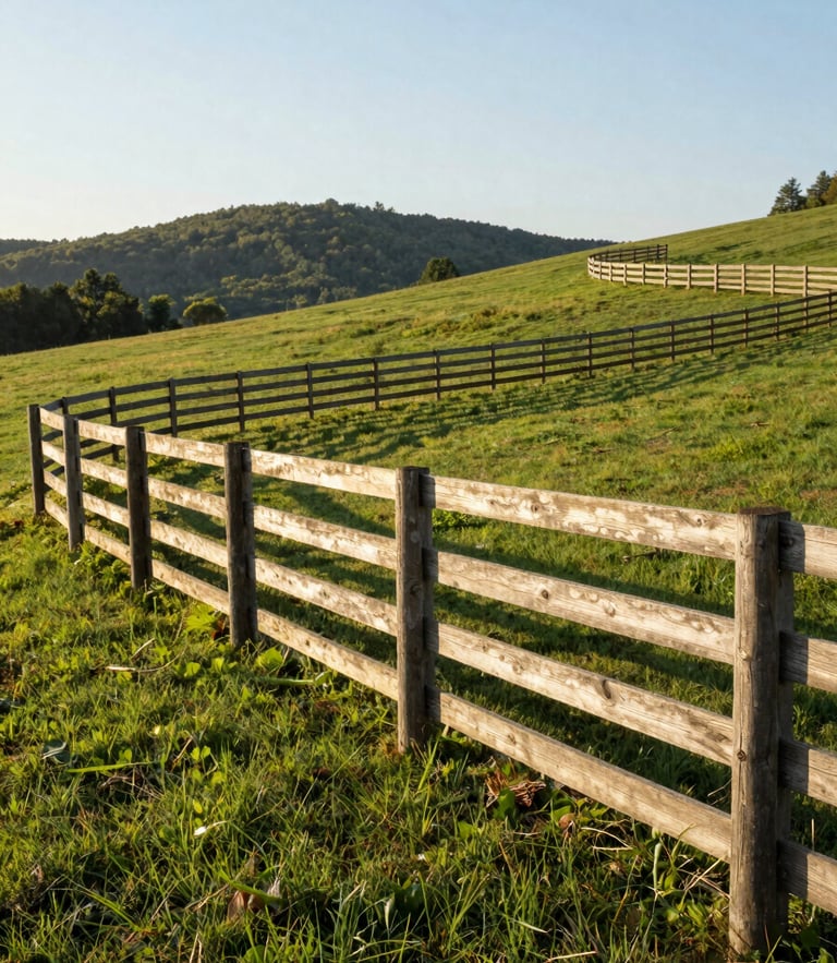 A wide-angle, low-angle shot of a clean four-board wooden horse fence tracing a rolling green hill in Southeastern Kentucky, warm morning sunlight casting long shadows.