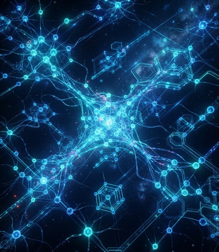Futuristic 3D digital illustration of interconnected glowing neural network nodes, electric blue and teal neon lighting, clean tech schematics, cinematic, dark space background