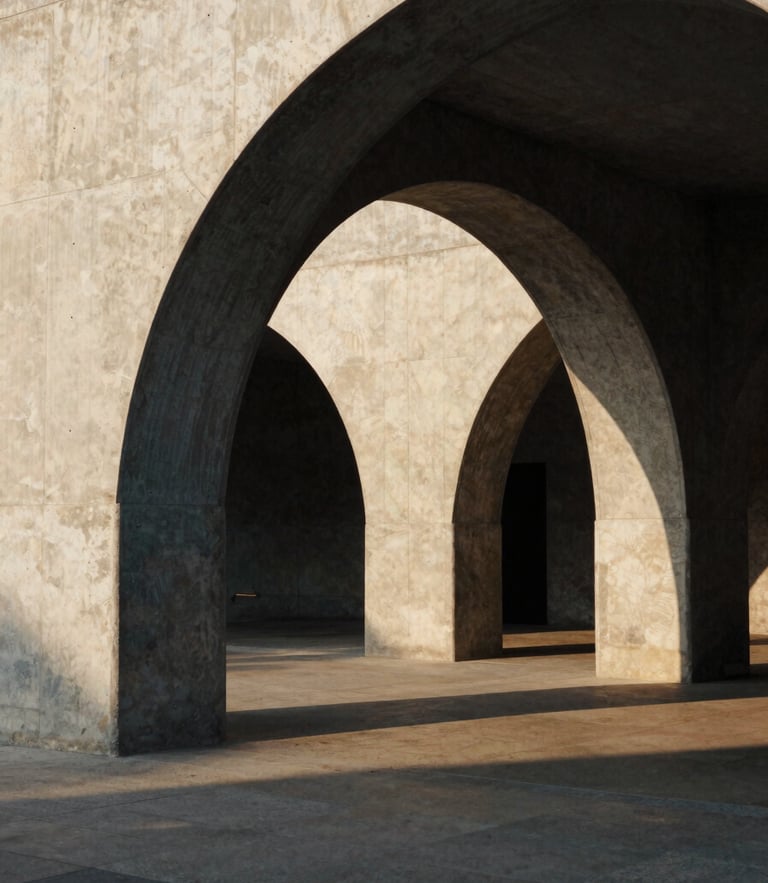 A high-contrast minimalist architectural perspective of modern concrete arches in Hyderabad, casting sharp geometric shadows under warm sunlight, 35mm film.