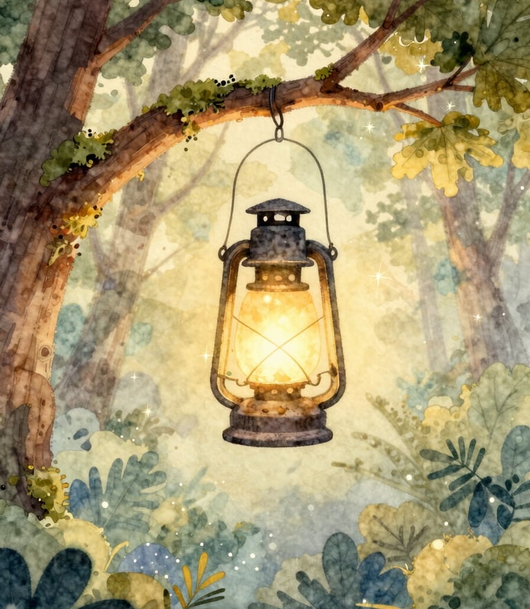 A whimsical watercolor illustration of a glowing lantern hanging from a mossy oak branch in a magical forest, soft golden hour light, fairy dust sparkles