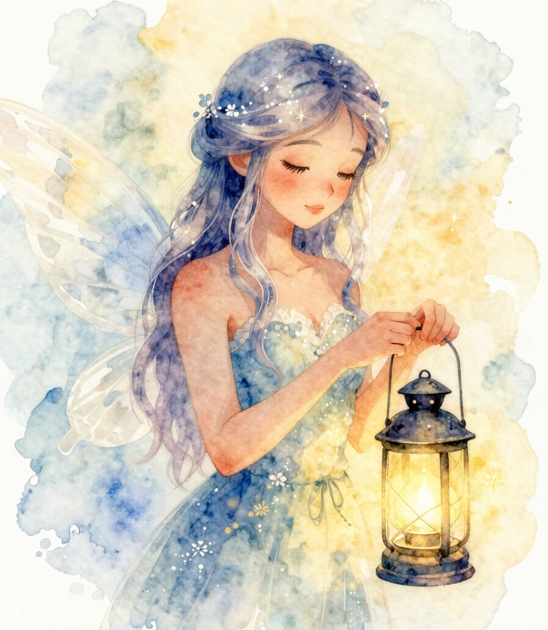 Watercolor portrait of Aurelia Frostbloom, a gentle winter fairy with soft wings, holding a glowing lantern, magical golden-hour light