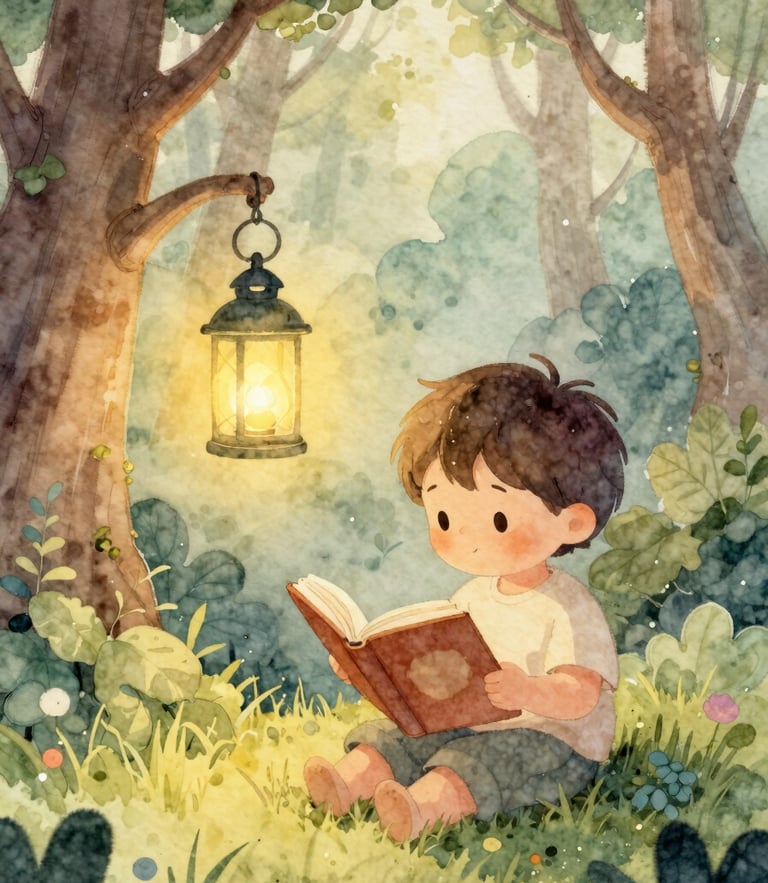 A cozy watercolor illustration of a young child reading a book under a glowing lantern in a magical forest, soft pastel tones, golden-hour glow