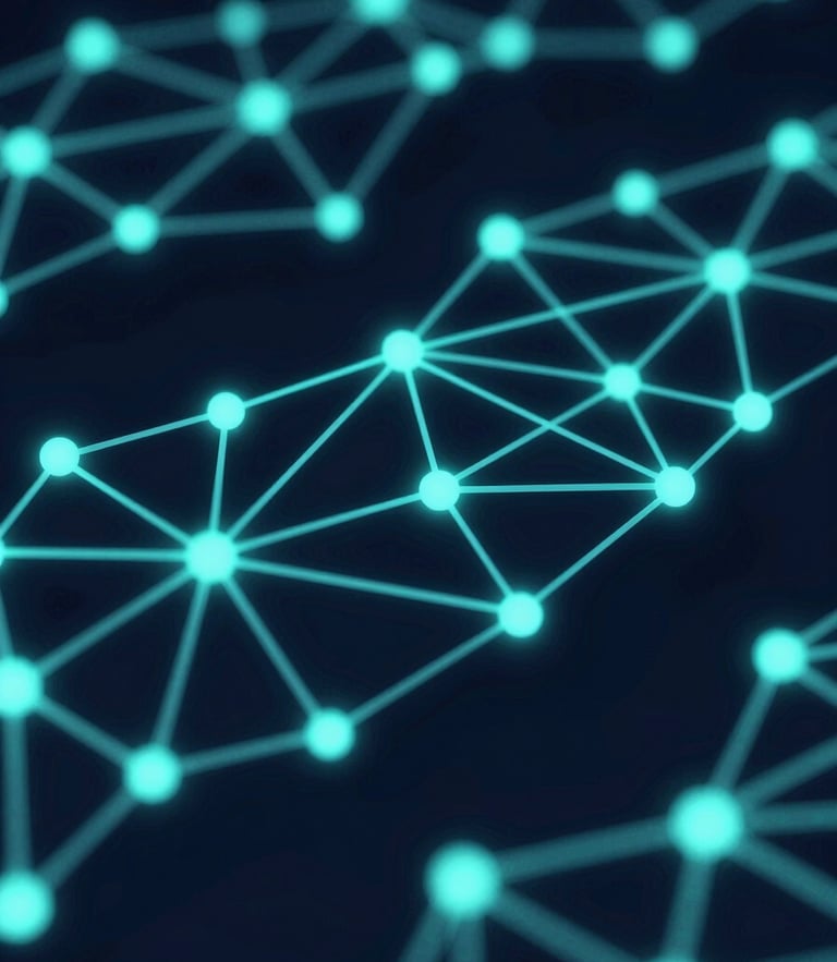 Abstract 3D render of glowing teal network nodes, dark navy background, macro depth of field, clean tech aesthetic, sharp directional highlights