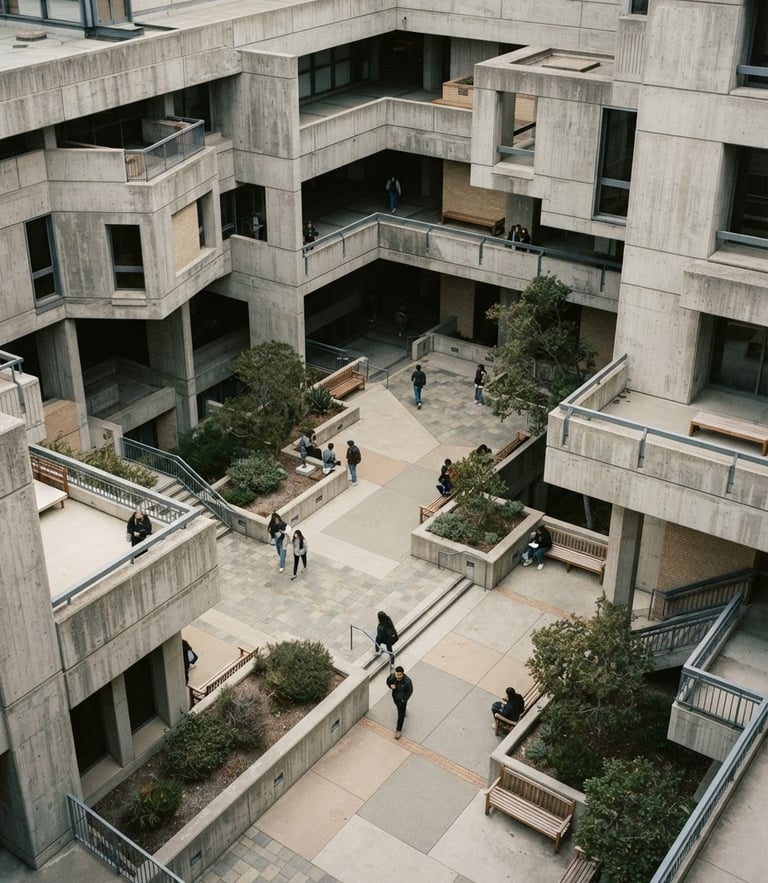 High-angle architectural geometry of a quiet concrete library courtyard, soft overcast daylight, desaturated cool tones with warm cream undertones, 35mm film grain