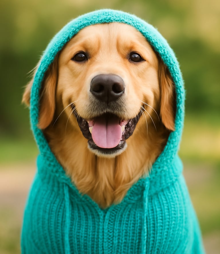 A cheerful golden retriever wearing a bright teal knitted hoodie, looking directly at the camera with a happy expression, bright natural daylight, soft background