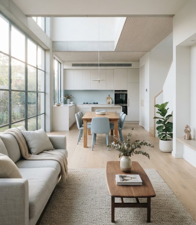 Bright architectural interior showing a modern home with distinct, light-filled spatial zones, soft morning window light, clean minimalist composition.