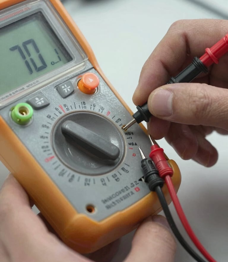Macro close-up of a technician testing a dual run capacitor with a digital multimeter, bright utility lighting, crisp focus on the terminal markings.