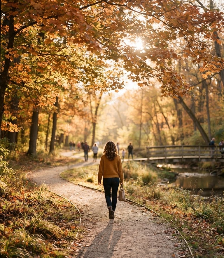 Warm editorial photography of a serene outdoor park in Indiana during golden hour, soft sunlight filtering through tall maple trees, shallow depth of field, 35mm film.