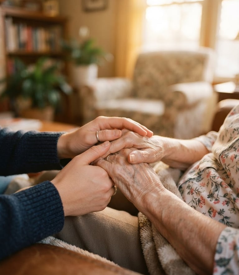 A close-up of a caregiver's hands gently holding an elderly senior's hands in a cozy, sunlit Indiana living room, warm golden-hour light, shallow depth of field, 35mm film