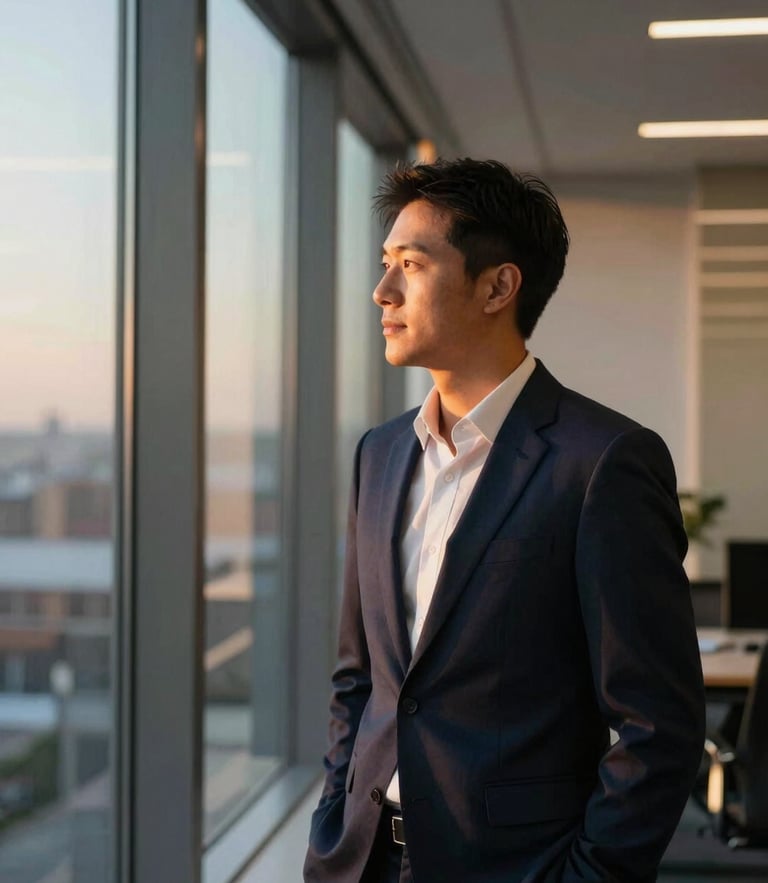 Confident business leader in a modern architectural office looking out of a window, warm golden hour light, soft shadows, deep navy tones, 35mm photography