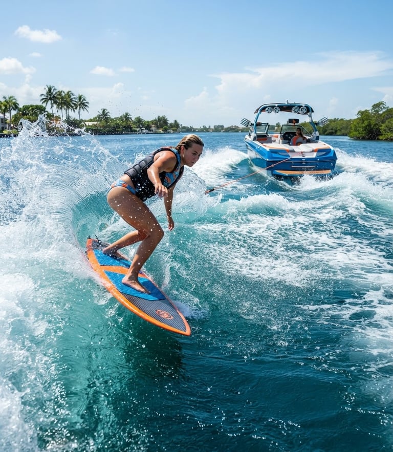 Low-angle wide shot of a professional wakesurfer carving hard on a massive, perfectly shaped glassy wave behind a high-end towboat, bright midday Florida sun, water spray frozen in mid-air.