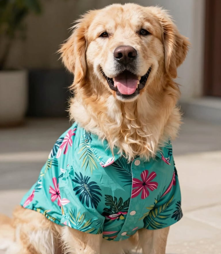 A happy fluffy golden retriever wearing a bright teal tropical shirt, sitting comfortably in warm natural daylight, cheerful pet photography