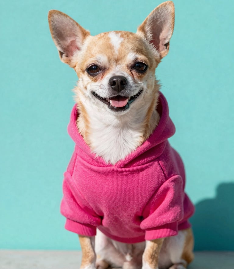 A happy small chihuahua wearing a vibrant magenta custom-tailored hoodie, sitting alertly against a bright teal background, warm natural daylight, 35mm.