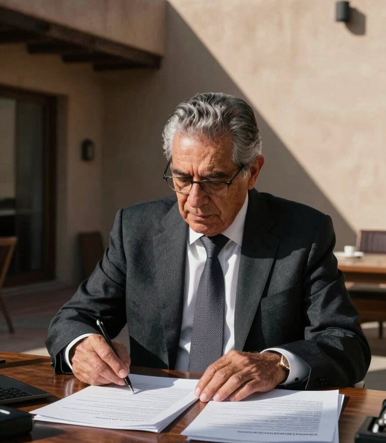 Sober environmental portrait of a senior Mexican corporate partner in a high-contrast, naturally lit office in Santa Fe, deep shadows, clean architectural lines, reviewing physical legal documents on a dark wooden desk.