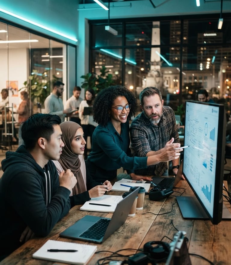 A vibrant collaborative workshop in Indianapolis, diverse local professionals analyzing a project on a screen under cool cyan LED lighting, dynamic 35mm photography.