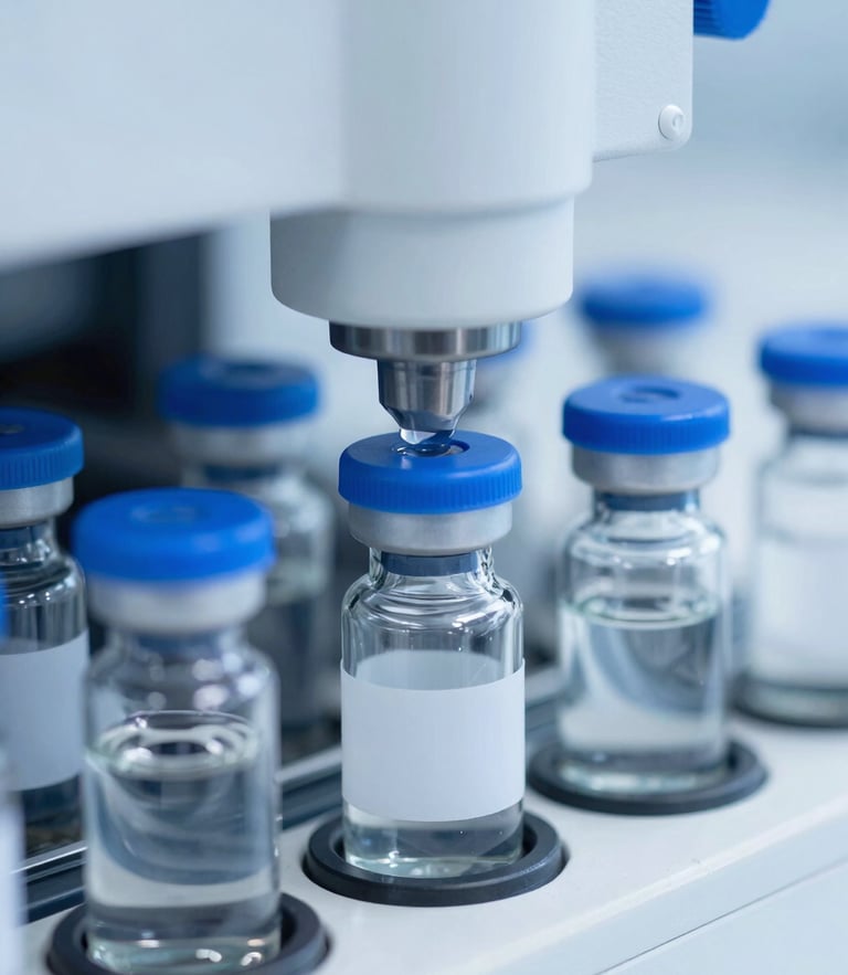 Macro close-up of a sterile automated liquid vial filling line, bright cool-toned laboratory lighting, medical blue and sterile white tones, sharp focus on glass vials
