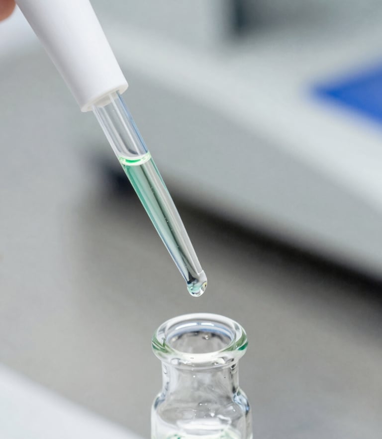 Macro close-up of a sterile laboratory pipette dispensing clear liquid into a glass vial, stainless steel background, sharp focus, clinical white light with subtle deep green reflections