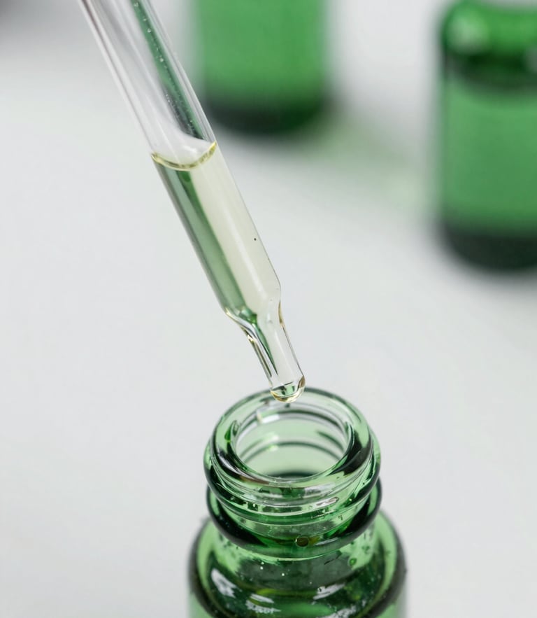 Macro close-up of a sterile laboratory glass pipette dispensing clear botanical oil into a green glass vial, sharp focus, bright clinical white background with deep green shadows