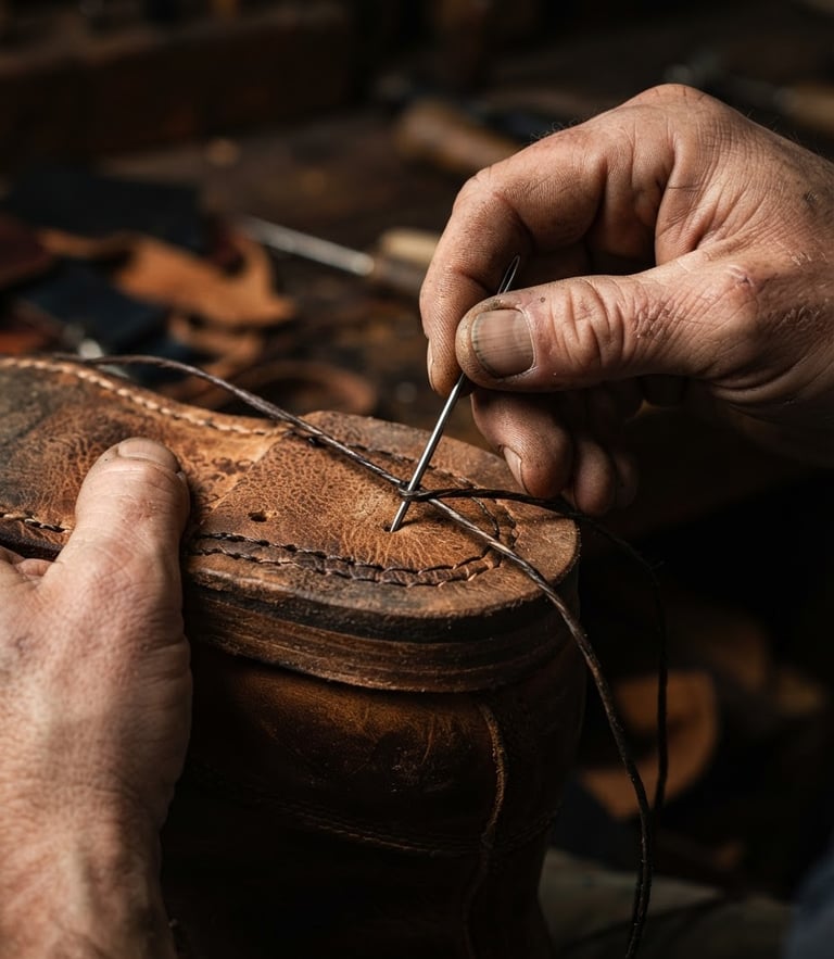 Macro shot of a master artisan's hands hand-stitching thick waxed thread through a heavy leather sole, dramatic side-lighting, warm sand tones.