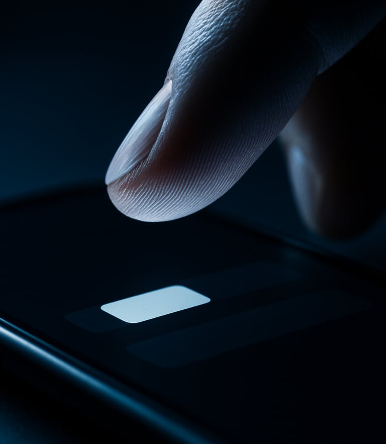 Extreme close-up macro shot of a hand tapping a high-contrast dark-mode interface on a smartphone, dramatic studio lighting, sharp shadows, deep blue tones