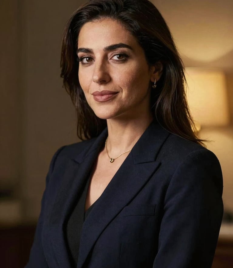 Elegant professional portrait of founder Amina Driouech in a dark navy academic setting, soft gold side-lighting, sharp macro focus, high-end editorial style