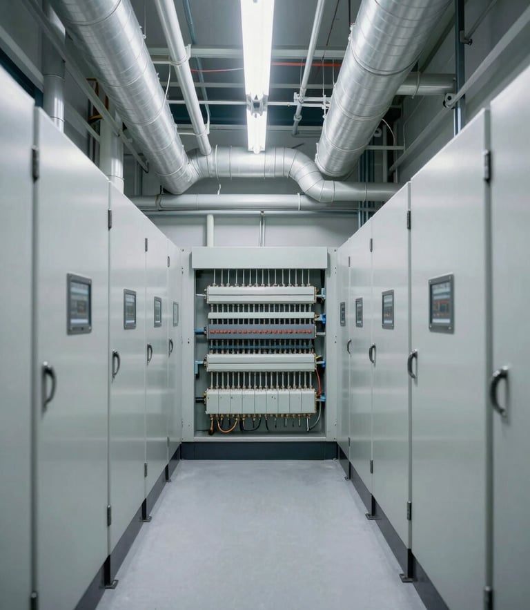 Crisp architectural view of a pristine commercial mechanical room, neatly organized HVAC ducts and gleaming electrical panels under technical white light, symmetrical framing