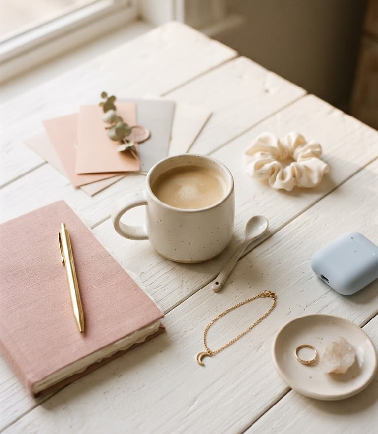 Bright lifestyle flat-lay of minimalist pastel accessories and a ceramic mug on a white wooden table, soft natural daylight, warm shadows, 35mm