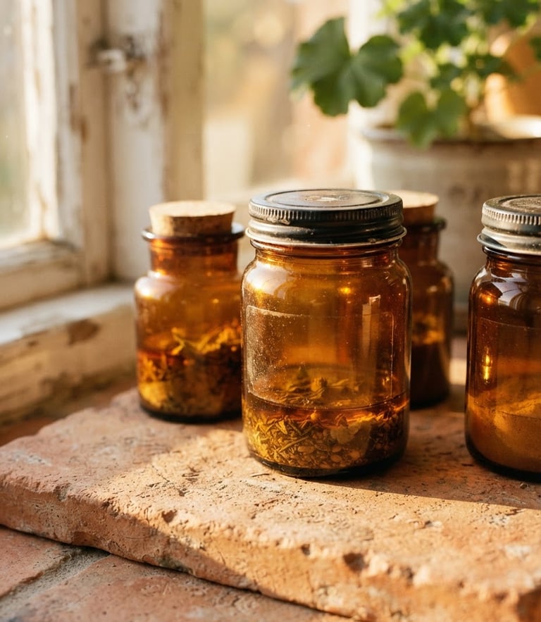 Macro close-up of amber glass jars resting on a sun-drenched terracotta surface, warm golden hour window light.