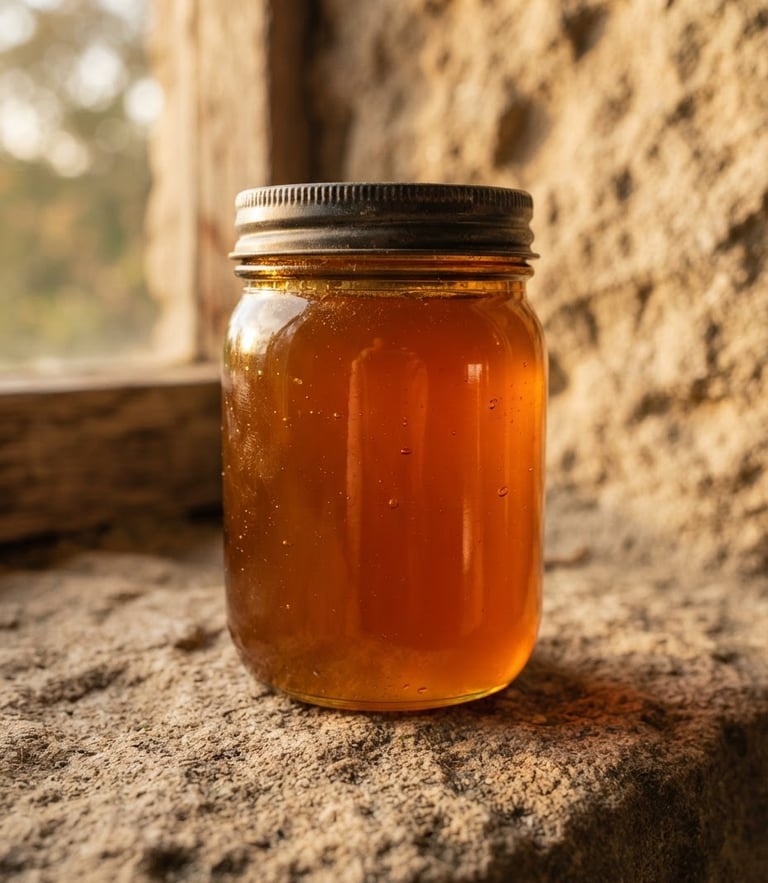 An amber glass jar sitting on a rough natural stone surface, warm golden hour window light, soft shadows, macro close-up
