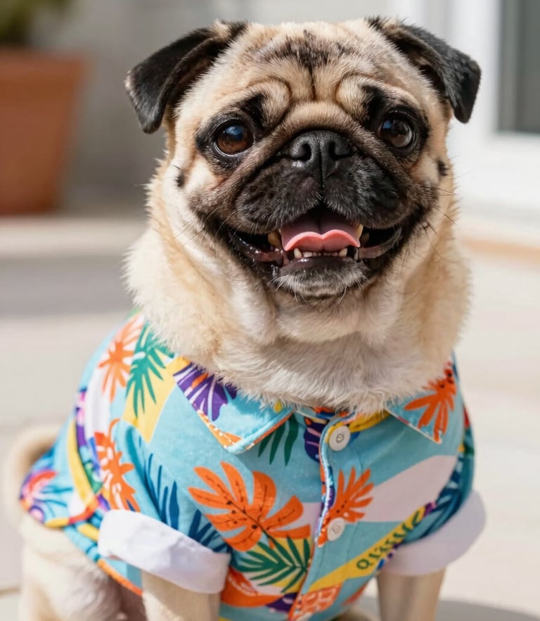 A joyful pug wearing a colorful tropical print shirt, sitting happily on a sunny patio, close-up eye-level shot, vibrant colors, shallow depth of field