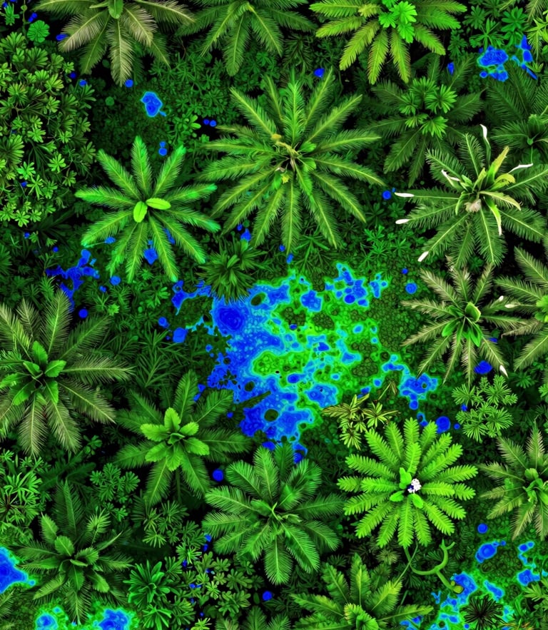 Top-down orthographic view of dense tropical canopy mapped with laser elevation points, vibrant neon green and blue point cloud visualization, 70mm